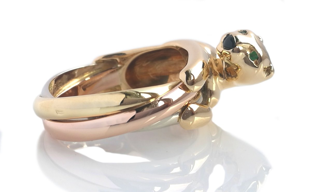 Vintage Cartier Panthere Trinity Ring in 18k Gold & Emerald, Size 52 - Bloomsbury Manor Ltd