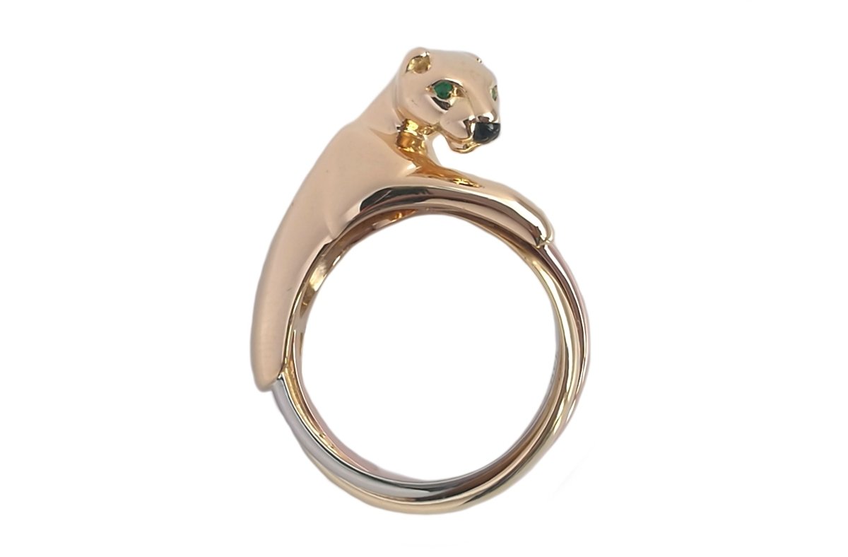 Vintage Cartier Panthere Trinity Ring in 18k Gold & Emerald, Size 52 - Bloomsbury Manor Ltd