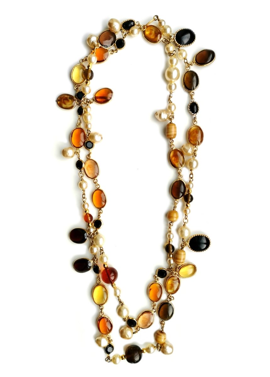 Vintage Chanel Tiger's Eye & Faux Pearl Sautoir Necklace - Bloomsbury Manor Ltd