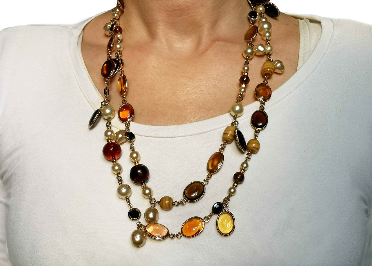 Vintage Chanel Tiger's Eye & Faux Pearl Sautoir Necklace - Bloomsbury Manor Ltd
