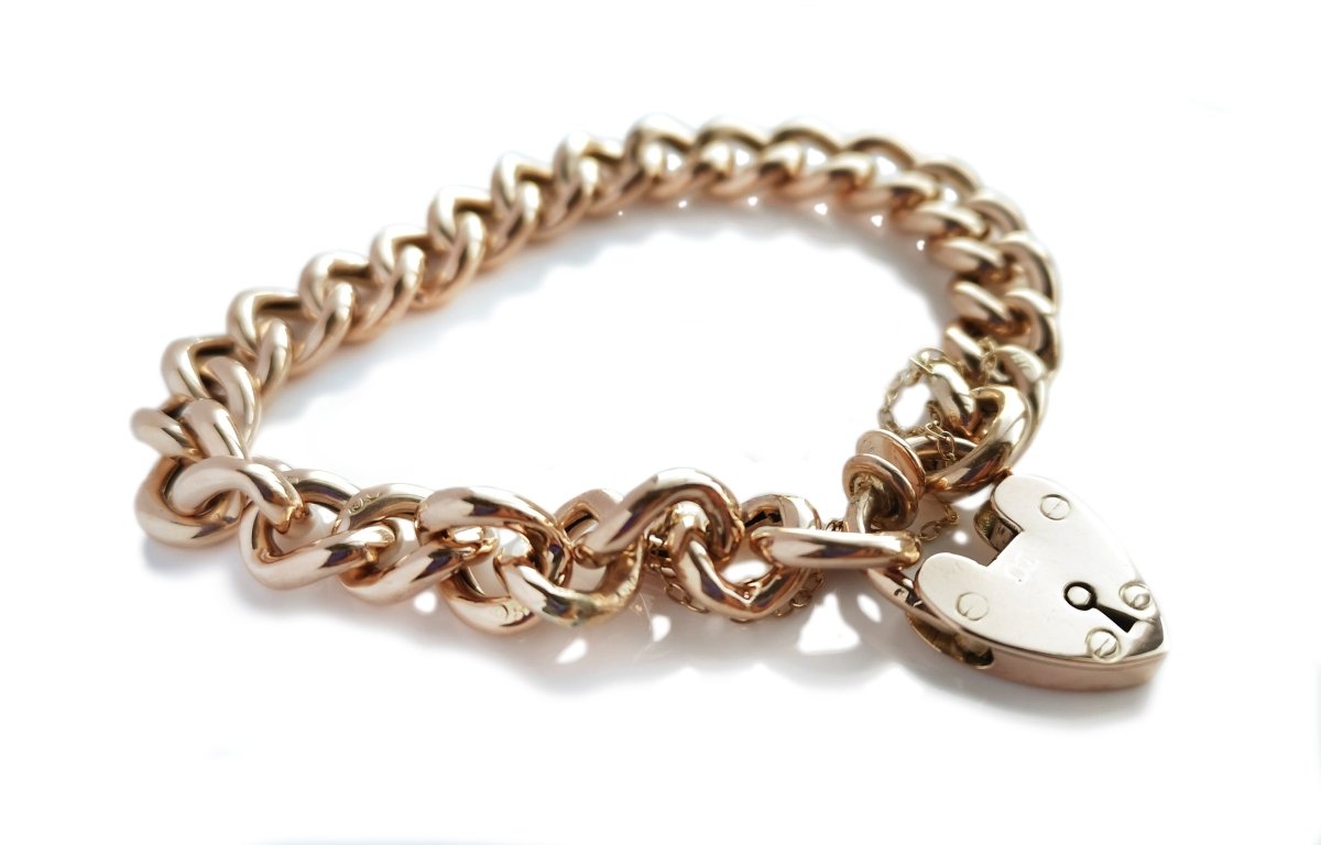 Vintage English 9k Rose Gold Curb Chain Heart Padlock Bracelet - Bloomsbury Manor Ltd