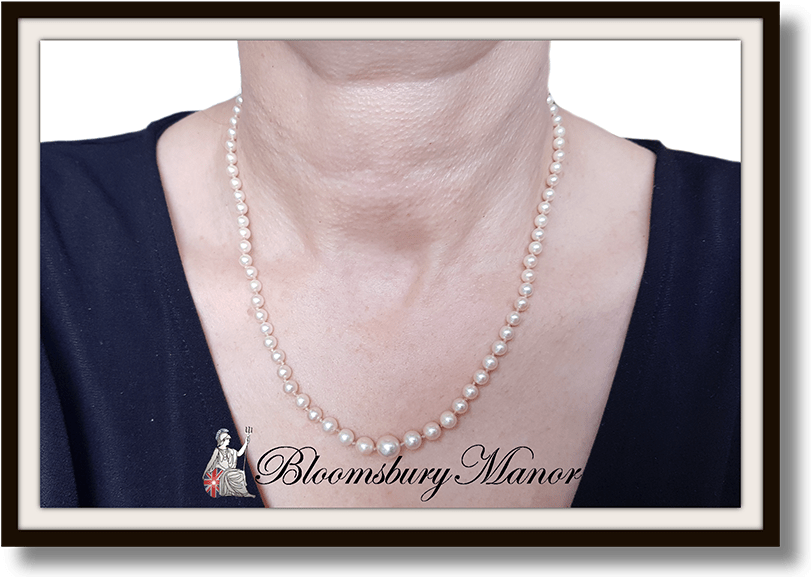 Vintage Graduated 17" Knotted Cultured Pearl Necklace 9K White Gold Clasp Rose Cut Diamond - Bloomsbury Manor Ltd