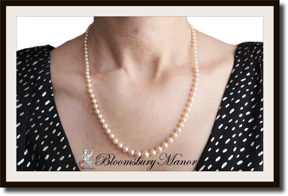 Vintage Hand Knotted Graduated Cultured Pearl Necklace 19in 18k Clasp - Bloomsbury Manor Ltd