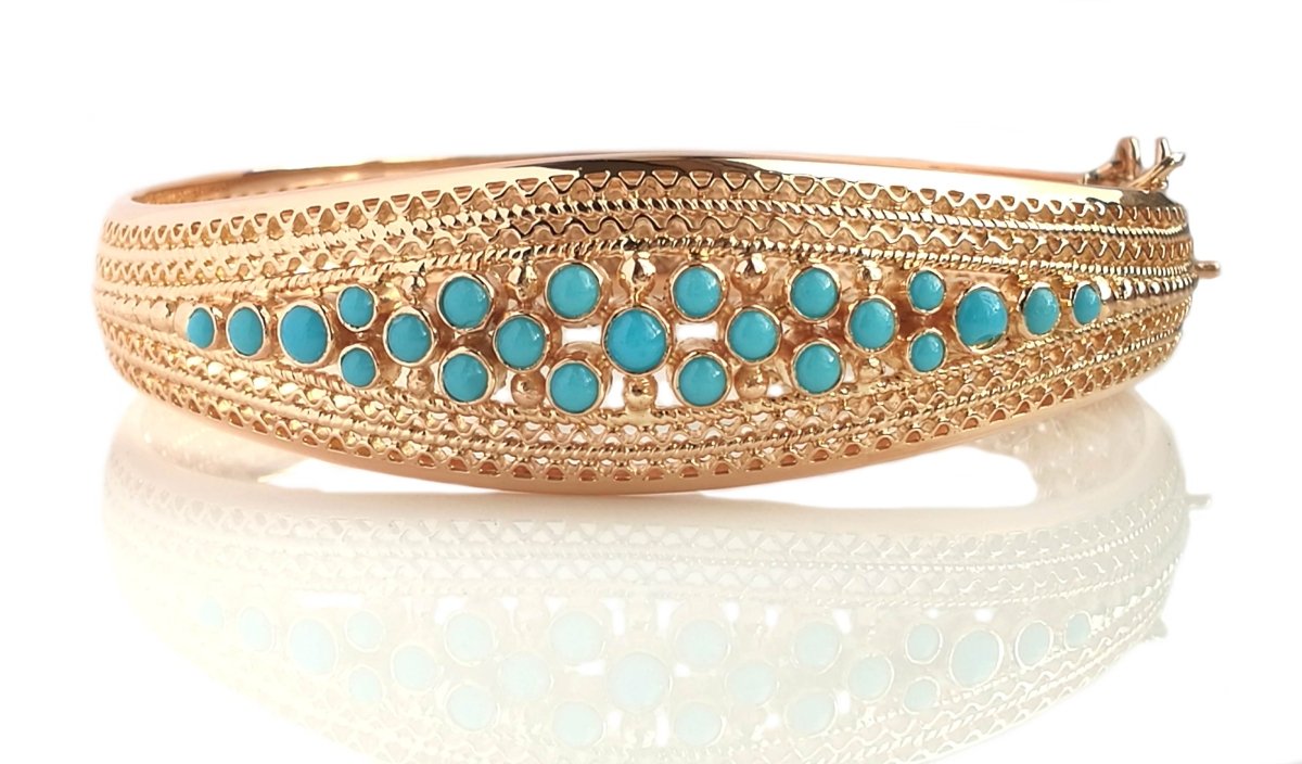 Vintage Retro Portugese Filigree 19k Rose Gold & Turquoise Bracelet - Bloomsbury Manor Ltd