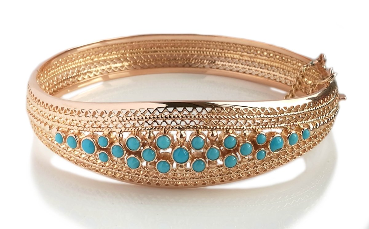 Vintage Retro Portugese Filigree 19k Rose Gold & Turquoise Bracelet - Bloomsbury Manor Ltd