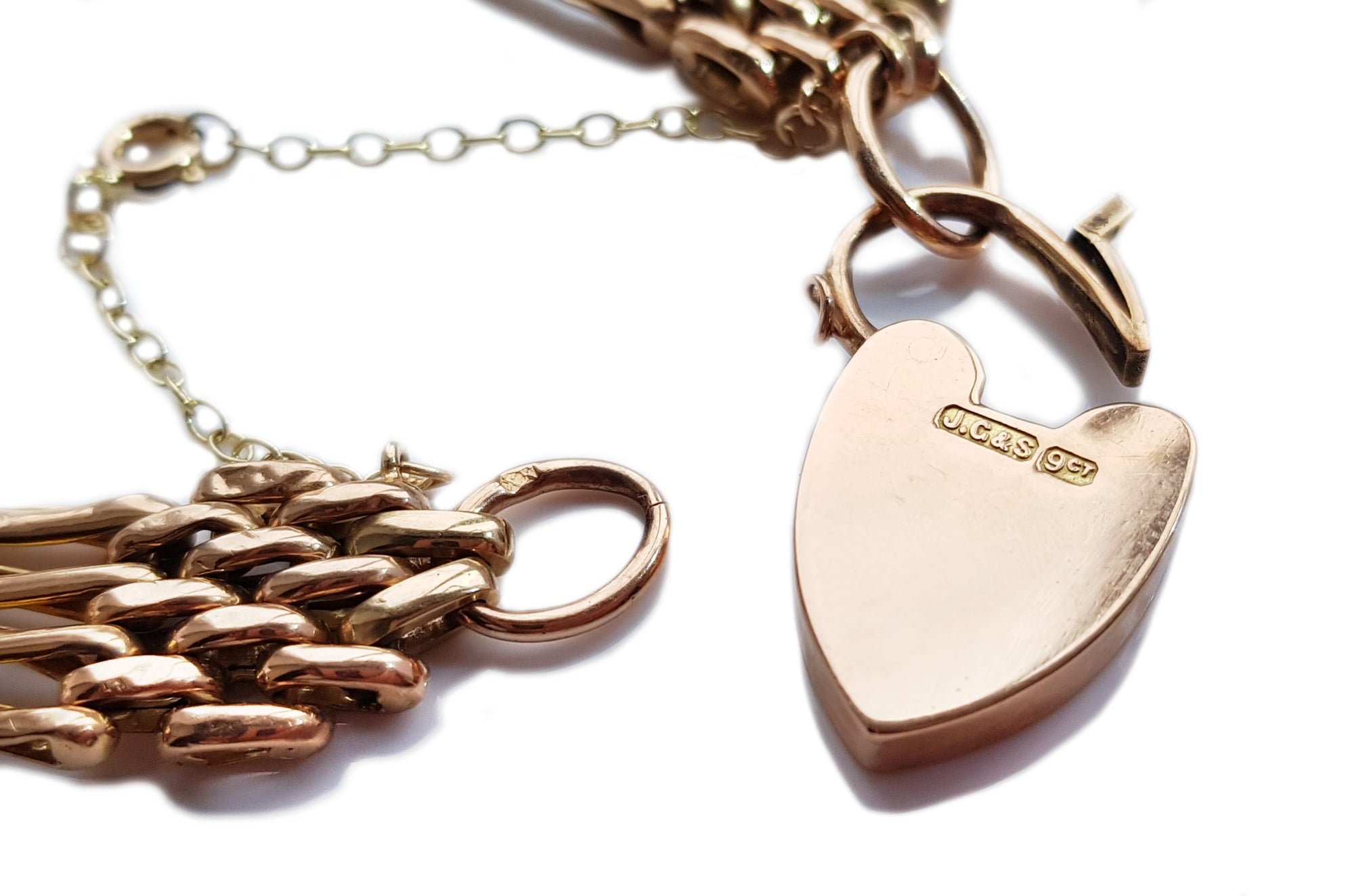 Antique 1900s Heart 9ct Gold Heart Padlock Gate Link Bracelet Large