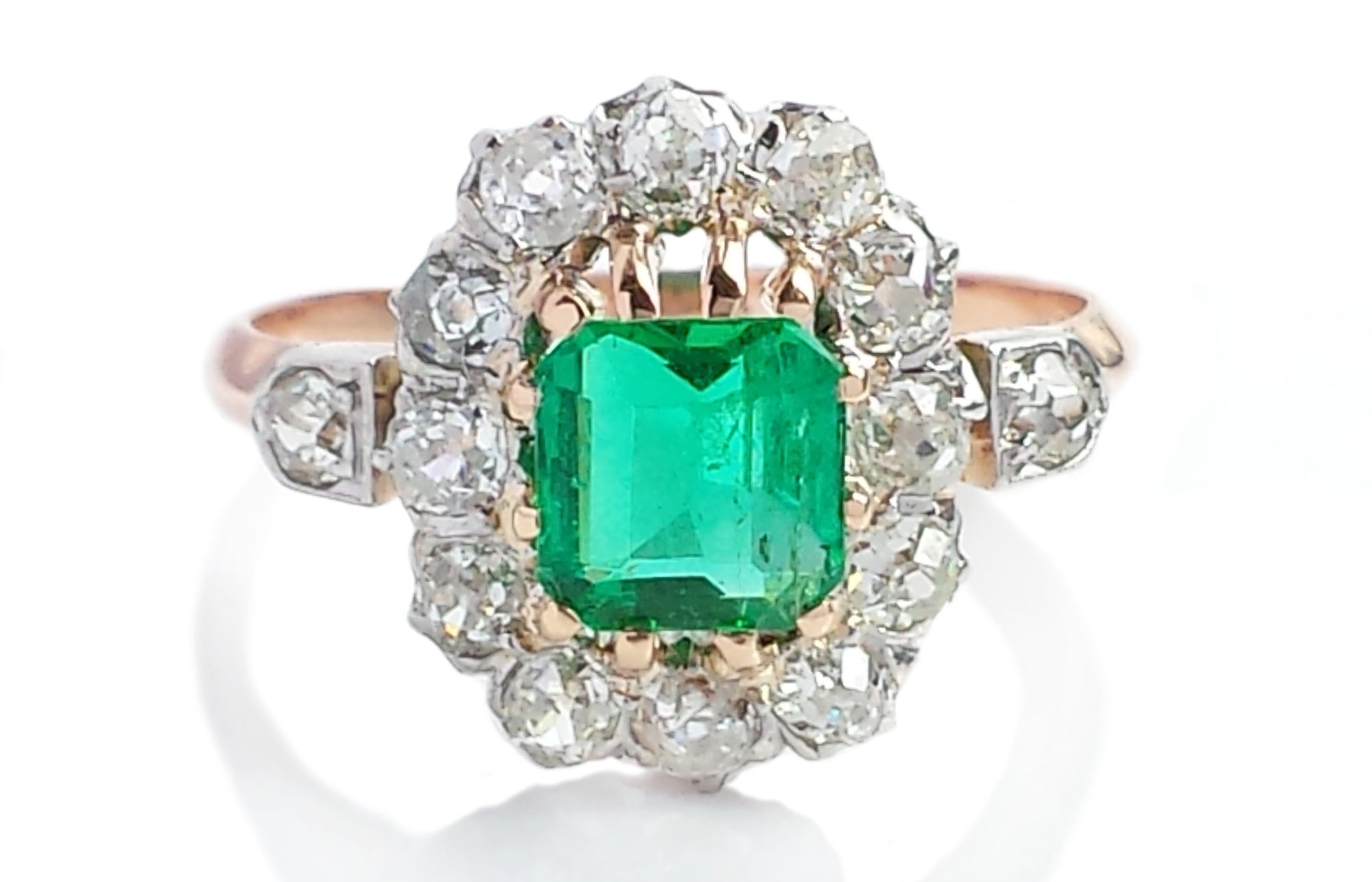 Antique French Emerald & Old Cut Diamond Cluster Engagement Ring
