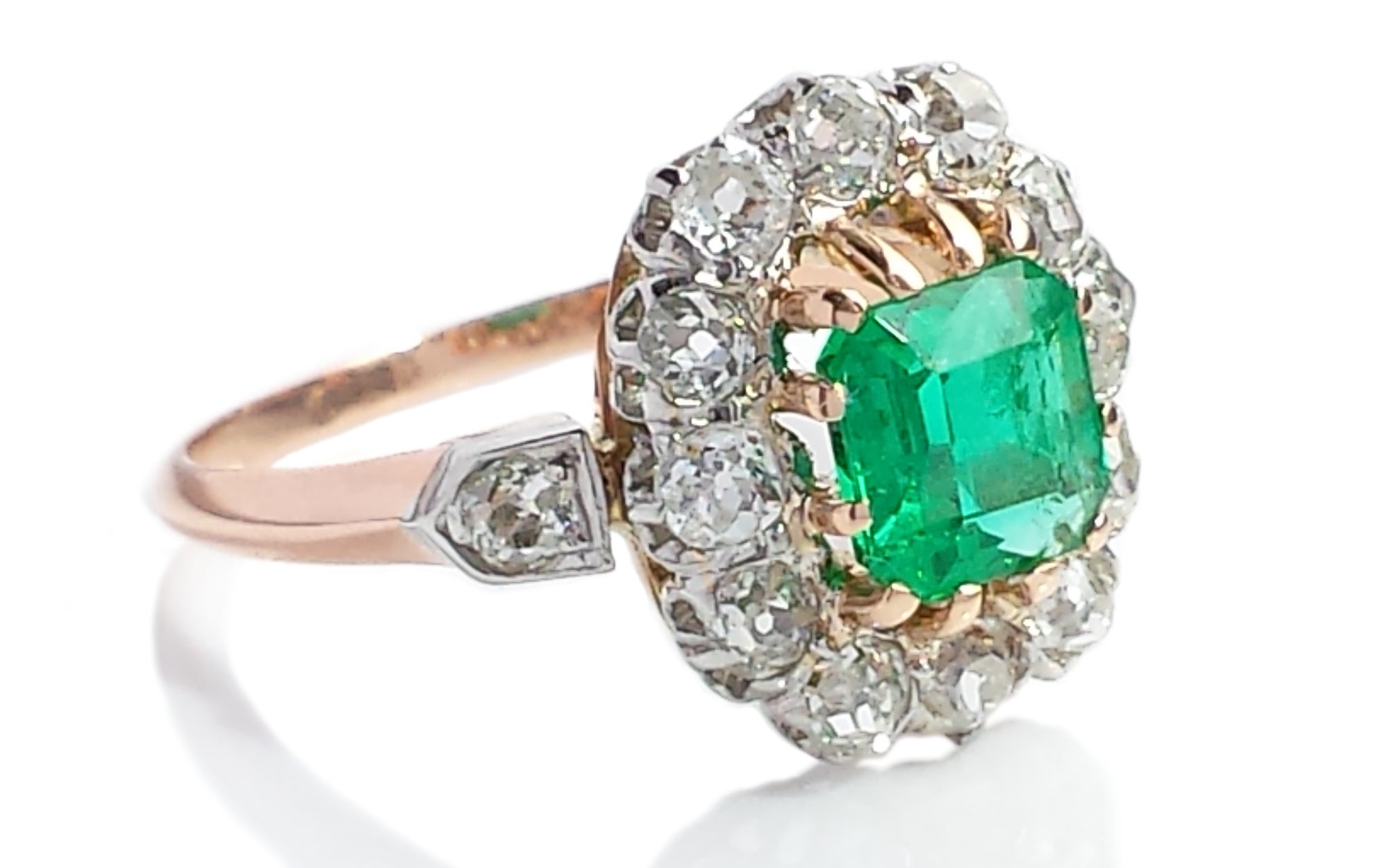 Antique Victorian Edwardian French .90ct Emerald .84tcw Old Cut Diamond Cluster Engagement Ring