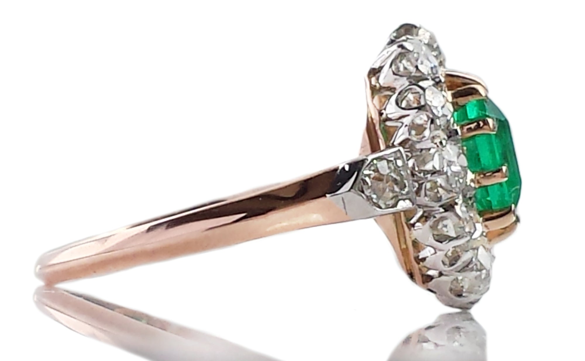 Antique Victorian Edwardian French .90ct Emerald .84tcw Old Cut Diamond Cluster Engagement Ring