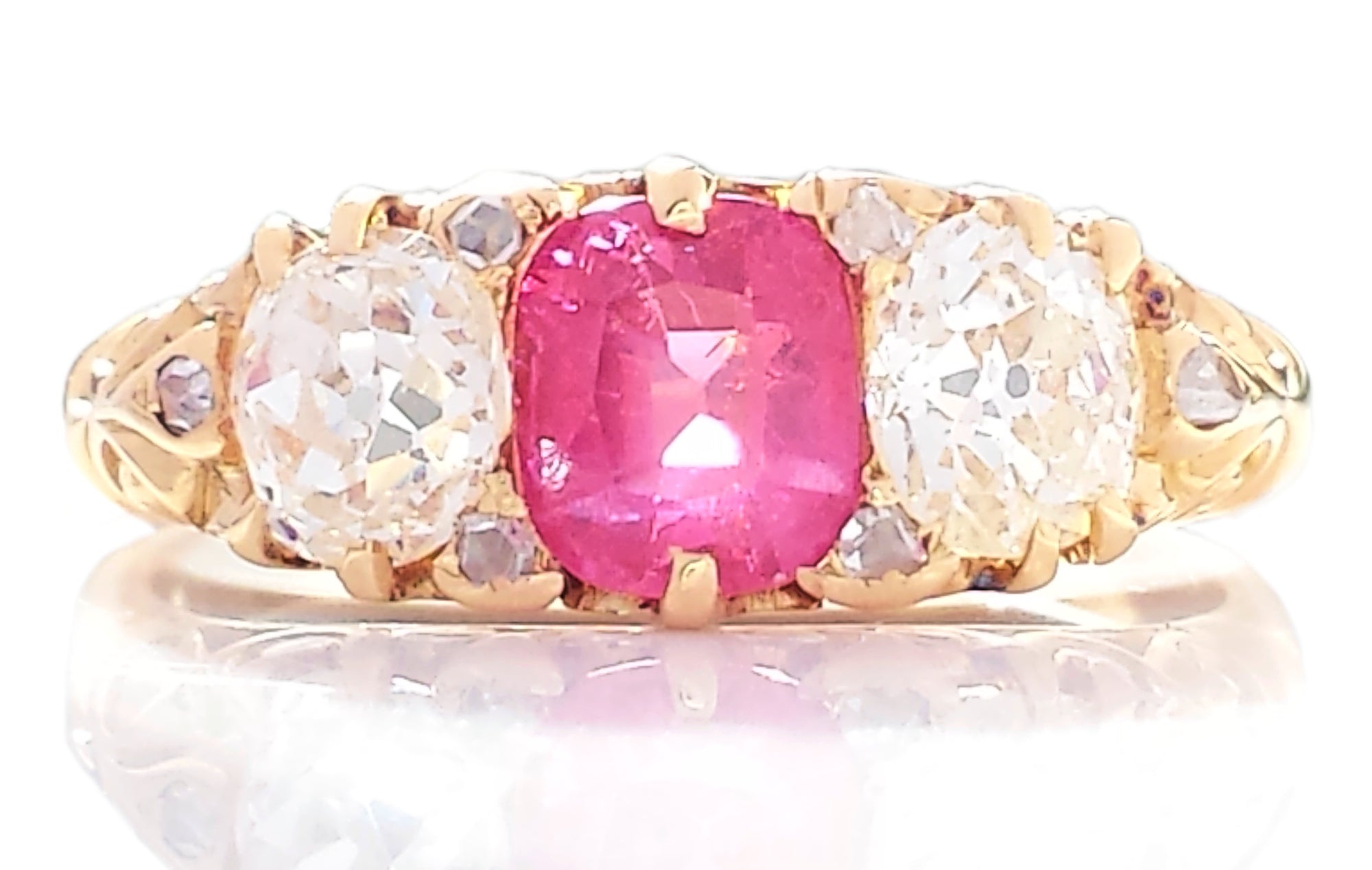 Antique Victorian 3-Stone 1.10ct Burmese Unheated Ruby & Old Cut Diamond Engagement Ring