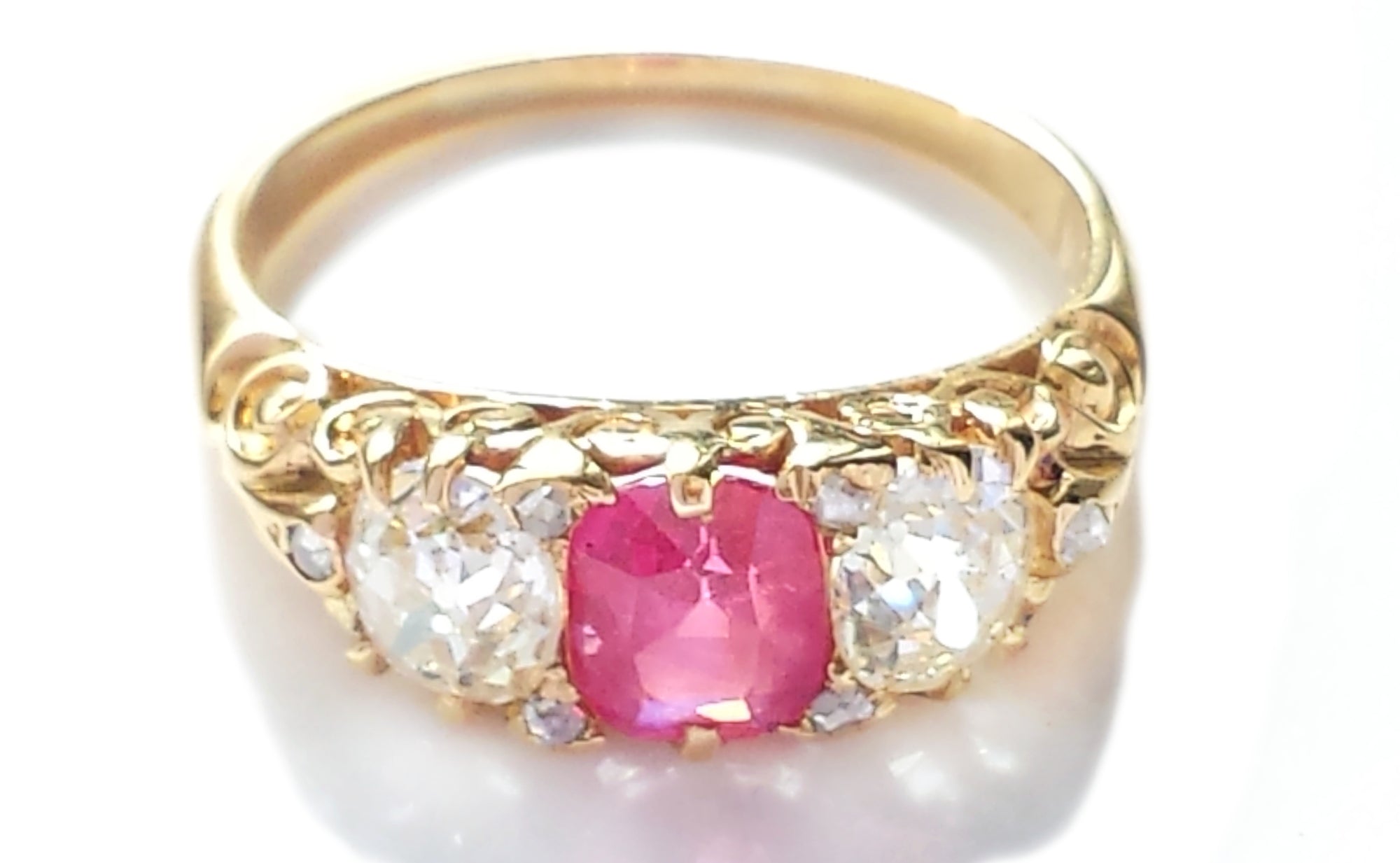 Antique Victorian 3-Stone 1.10ct Burmese Unheated Ruby & Old Cut Diamond Engagement Ring