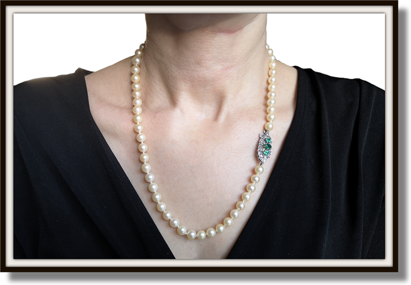 Antique Vintage Cultured Akoya Pearl with Colombian Emeralds & Old Cut Diamond Necklace