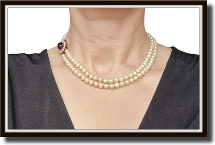Vintage 1962 2 Strand 6mm Akoya Cultured Pearl Necklace Pink Paste & 9k Gold Clasp 16"