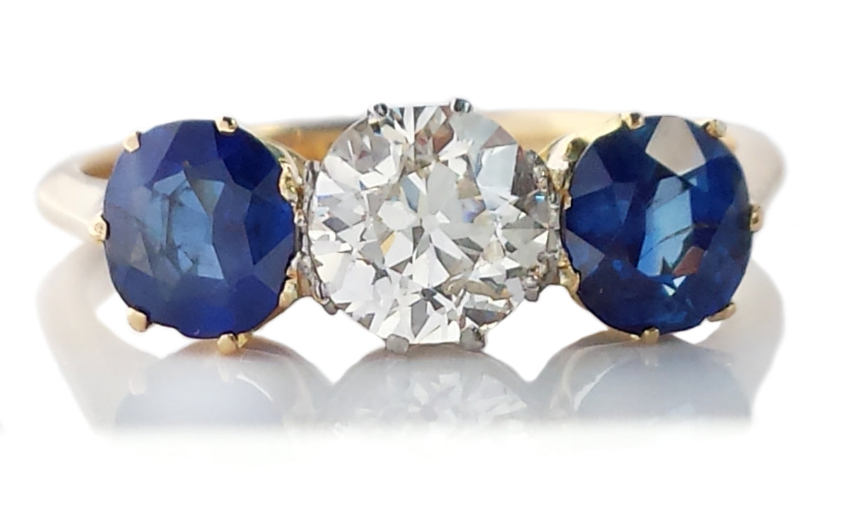 Antique Art Deco 1920s 3 Stone 2.25tcw Old Cut Diamond Natural Sapphire