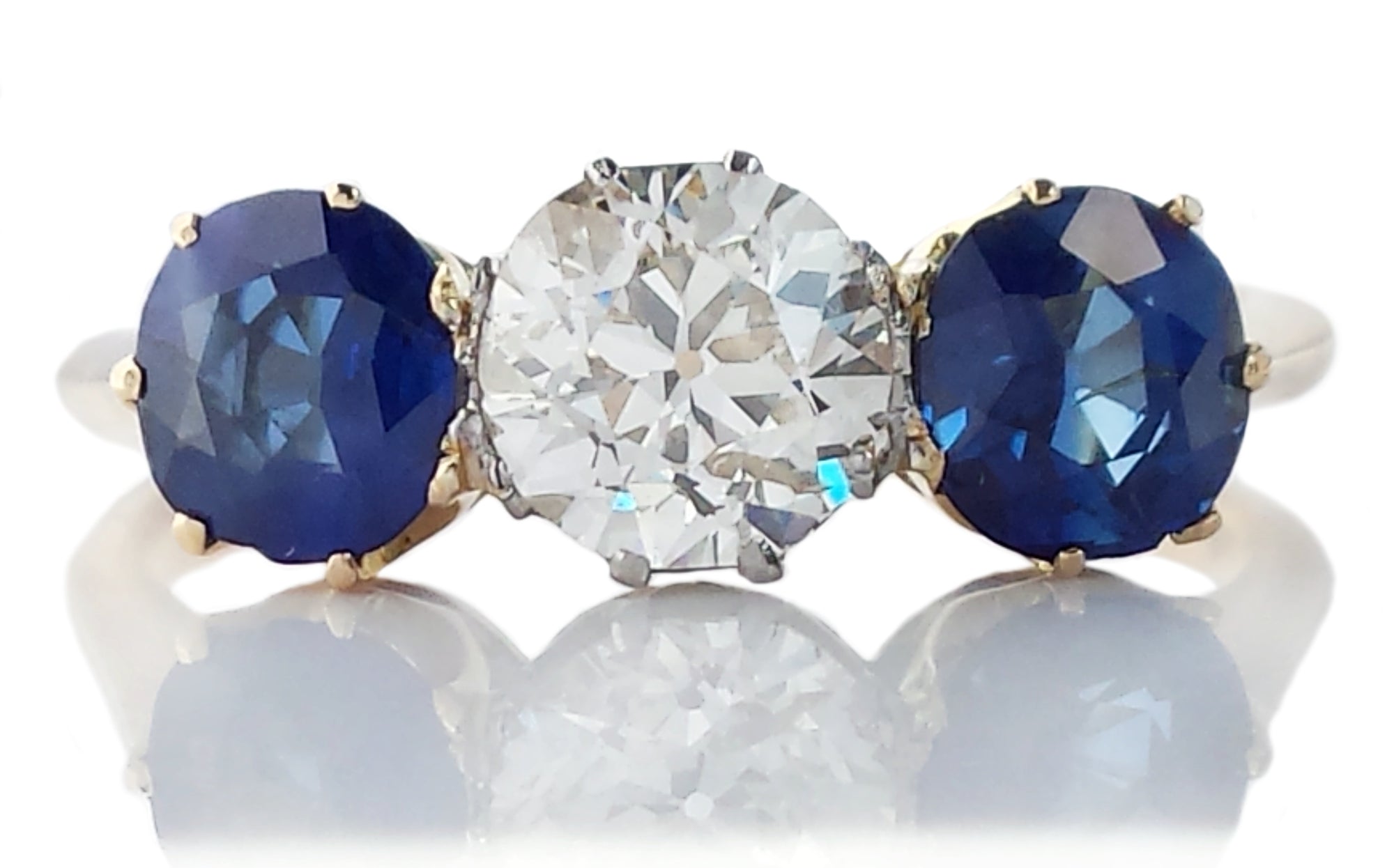 Antique Art Deco 1920s 3-Stone 2.25tcw Old Cut Diamond & Natural Sapphire Engagement Ring