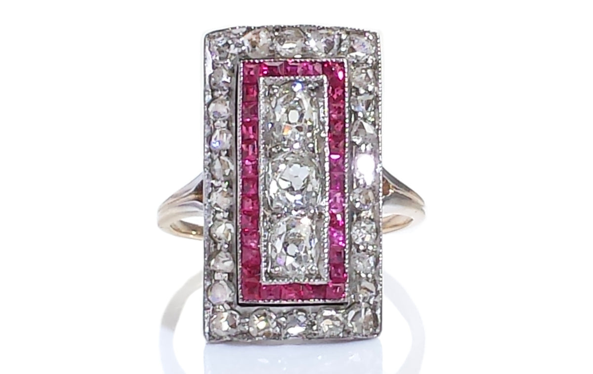 Edwardian 1.57tcw Old Cut Natural Diamond Synthetic Ruby Plaque Ring