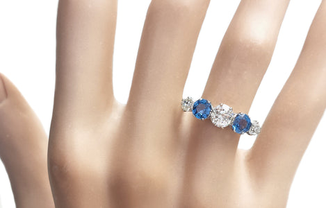 Art Deco 1920s 5-Stone Cornflower Sapphire & Old Cut Diamond Engagement Ring on model hand