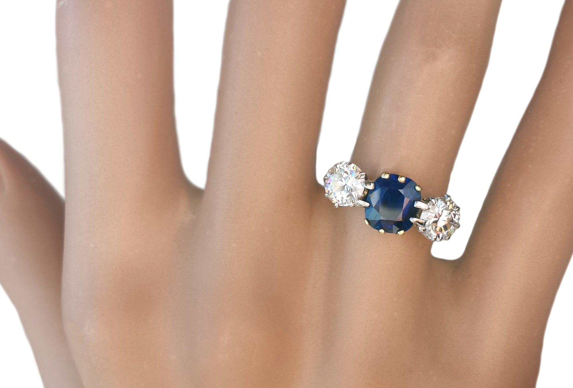 Antique 3-Stone Natural Sapphire & Diamond Engagement Ring