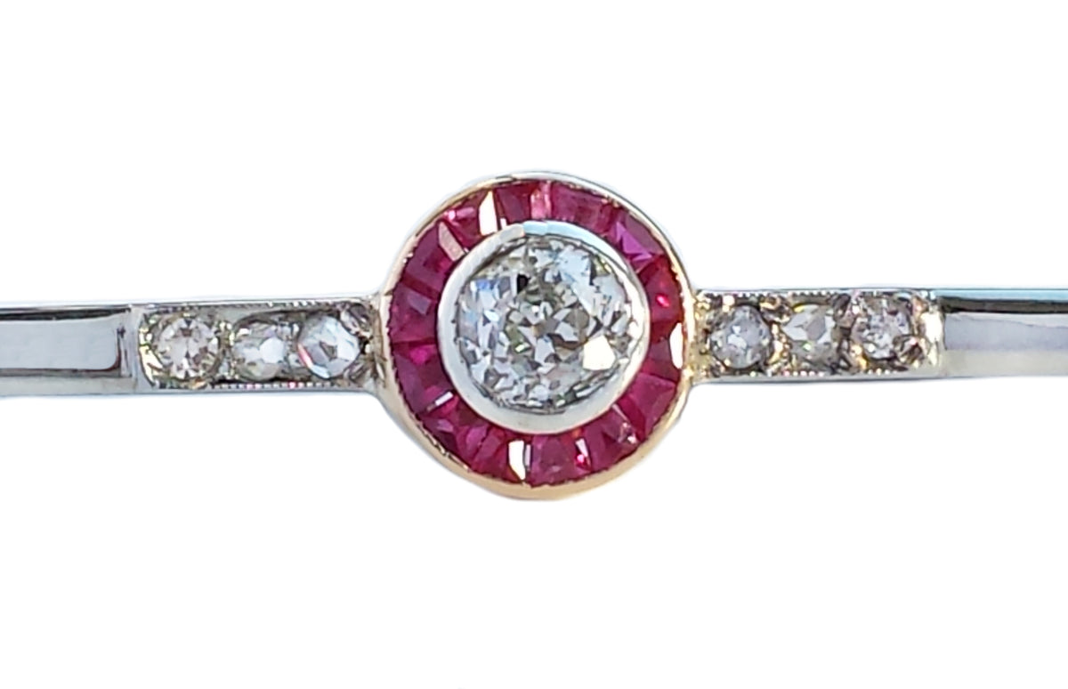 Original Art Deco Target Ruby Old Mine Cut Diamond 18k Gold Bar Pin Brooch