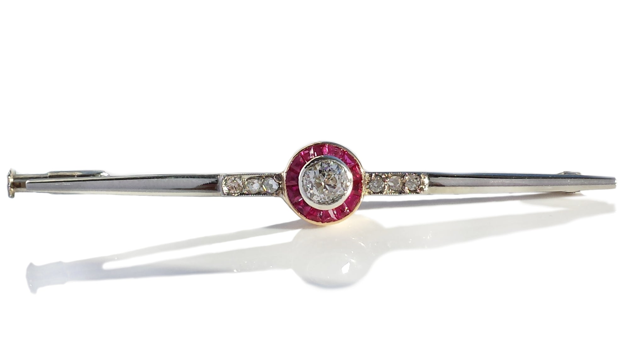 Original Art Deco Target Ruby Old Mine Cut Diamond 18k Gold Bar Pin Brooch