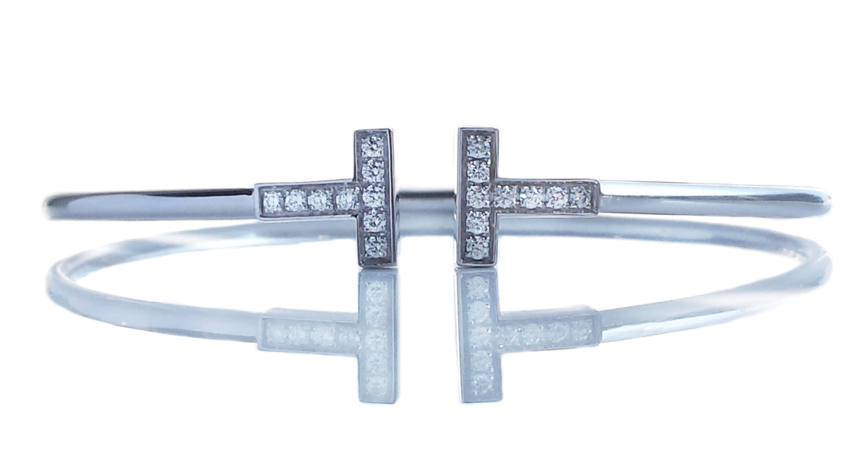 Tiffany & Co T 18k White Gold Diamond Wire Bracelet - Large