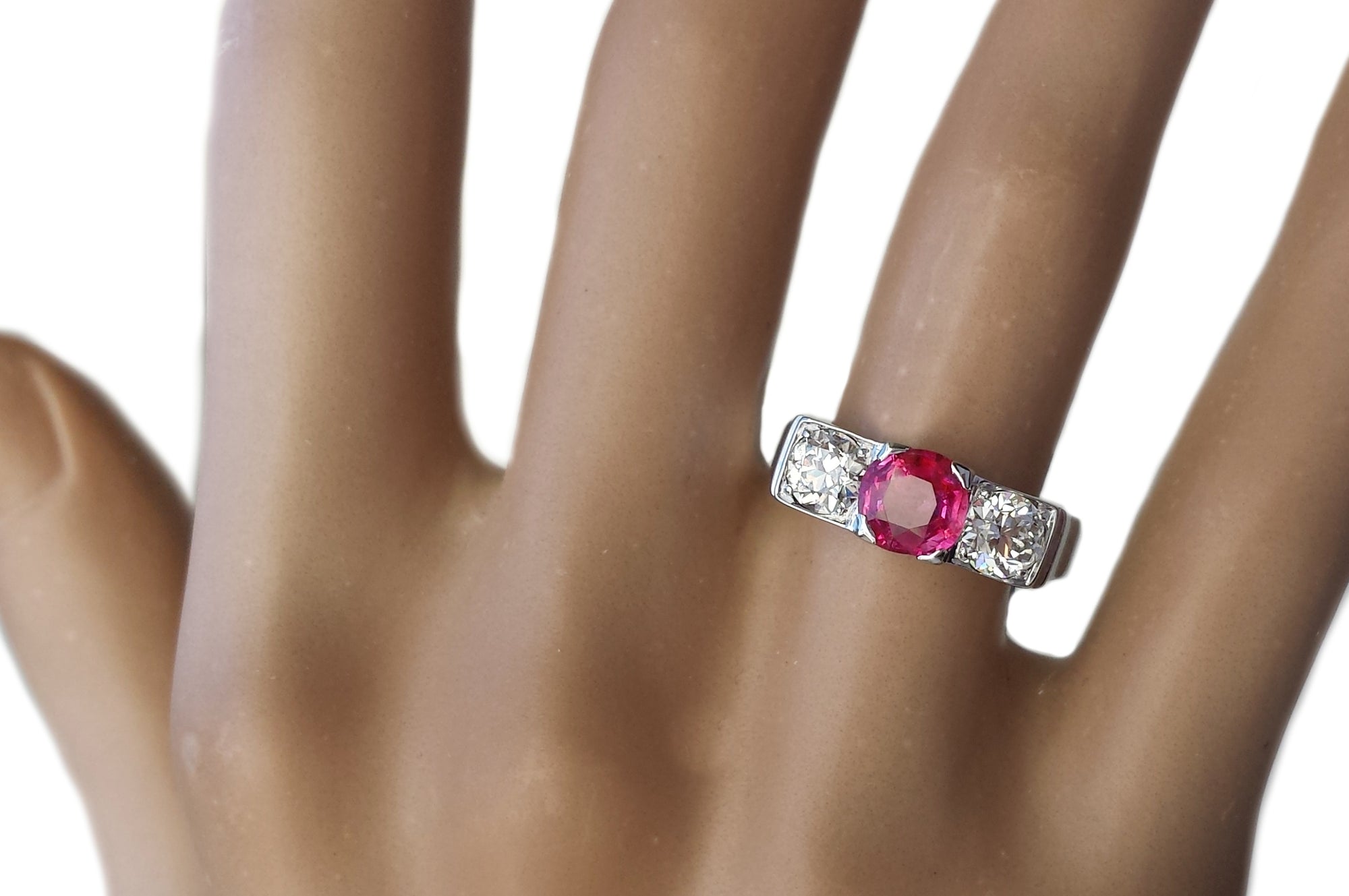 Vintage 1.62tcw Burmese Ruby & Old European Cut Diamond Engagement Ring on model finger