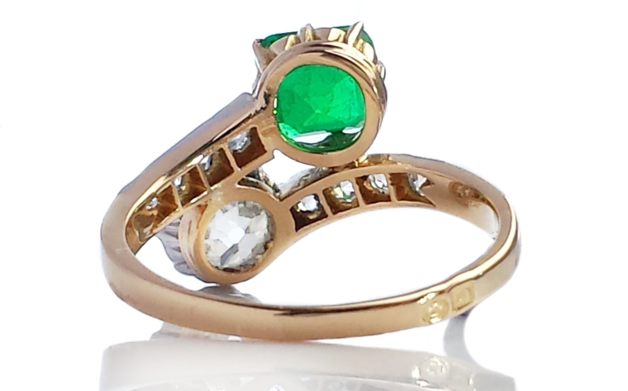 Antique Colombian Emerald & Old Mine Brilliant Cut Toi et Moi Diamond Engagement Ring