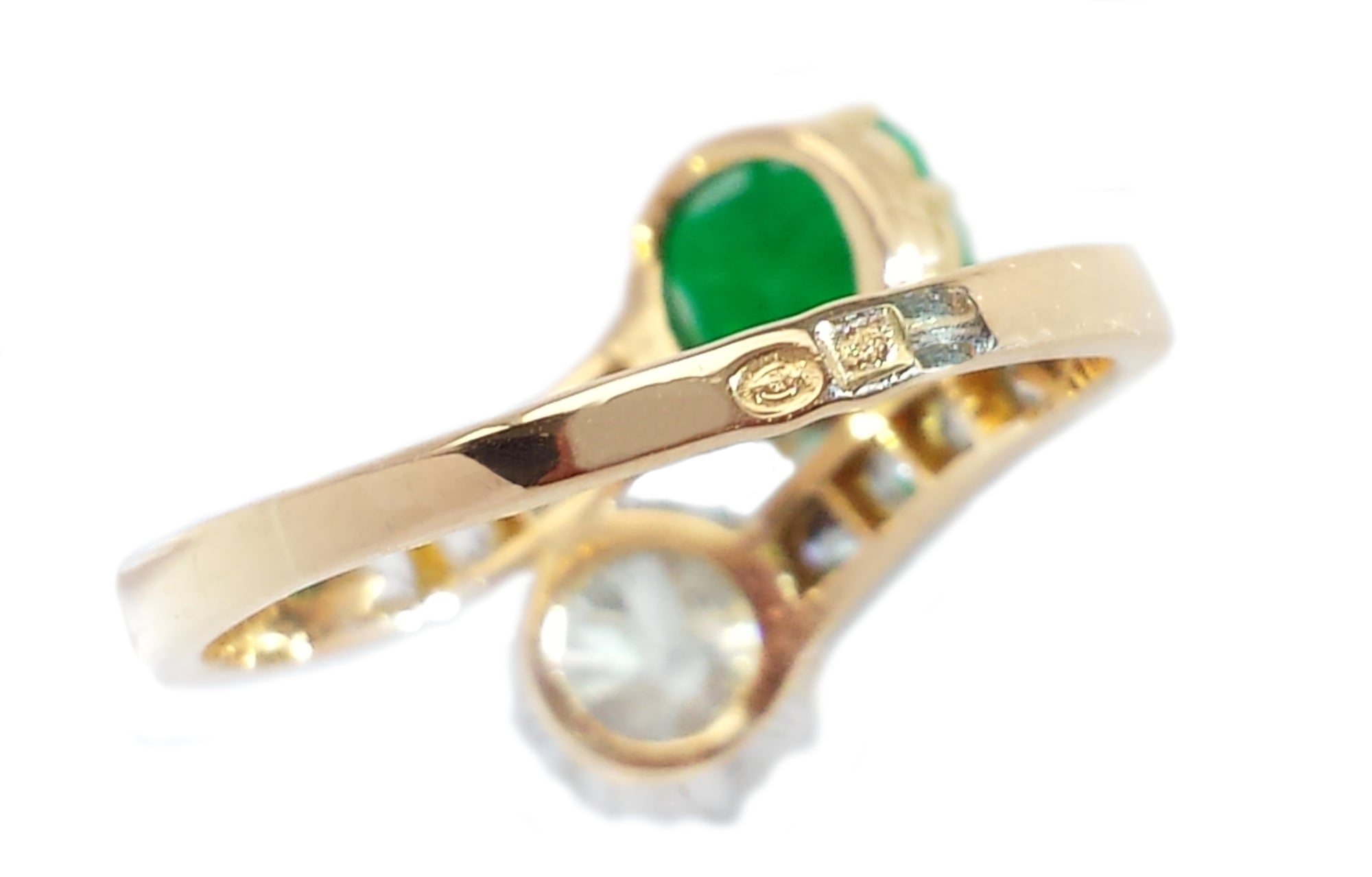 Antique Colombian Emerald & Old Mine Brilliant Cut Toi et Moi Diamond Engagement Ring