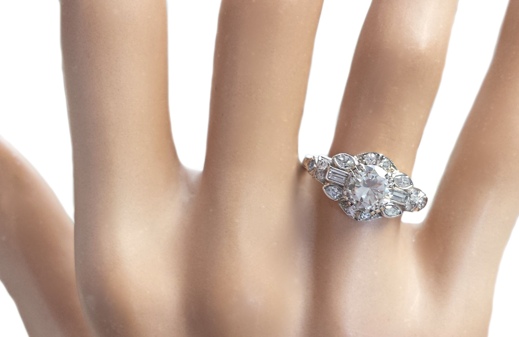 Art Deco 1.40tcw G/VS1 Transitional Cut Diamond Engagement Ring on hand model