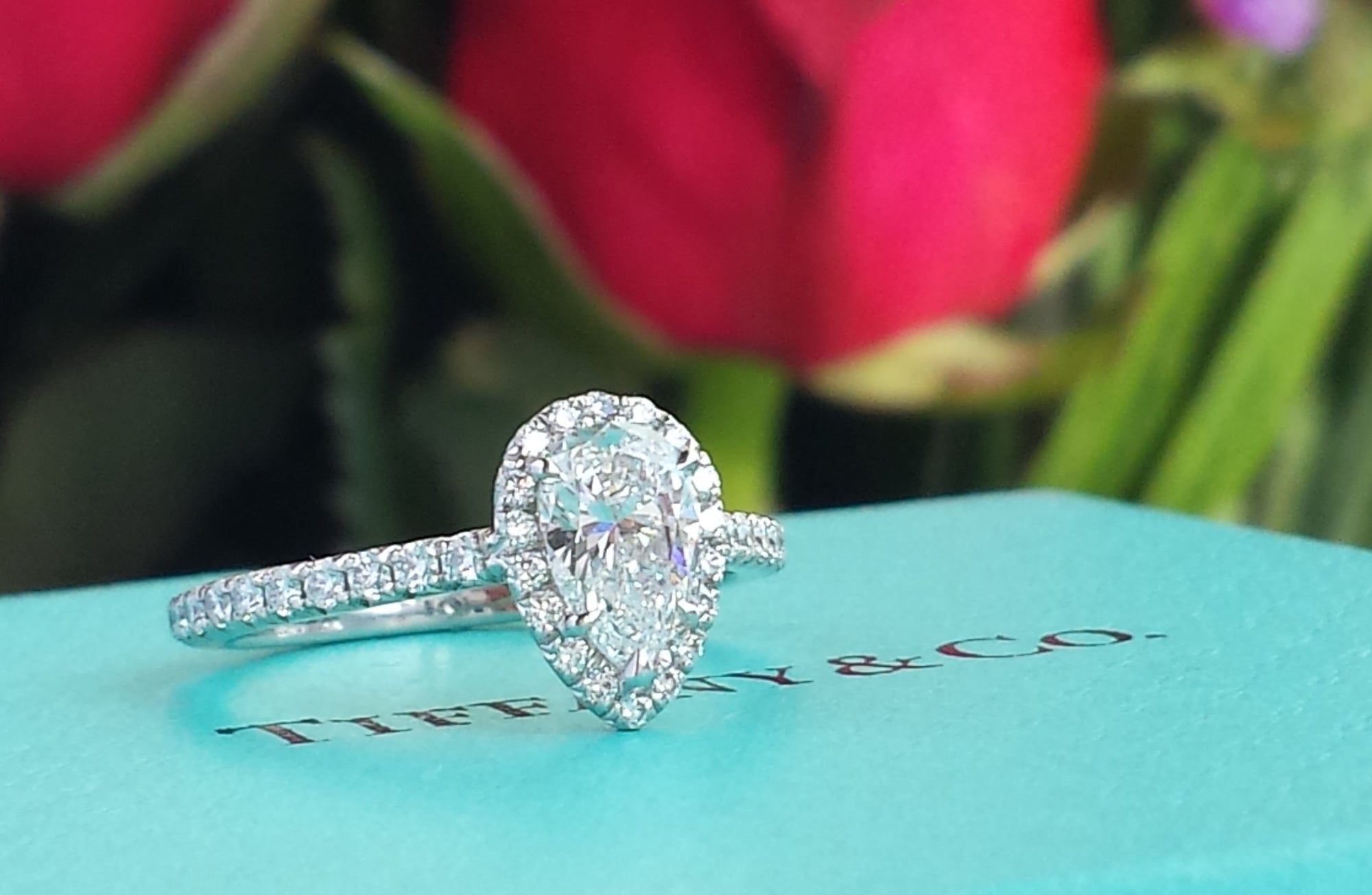 Tiffany & Co. 0.58ct E/VS1 Triple-X Pear Shaped Soleste Diamond Engagement Ring on Tiffany Blue Box