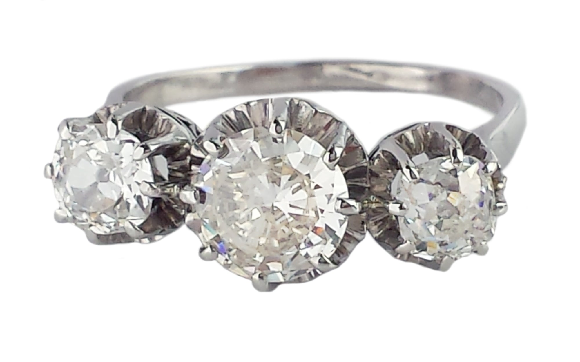 Vintage 1.78ct 3 Stone Old Mine Cut & Brilliant Cut Engagement Ring