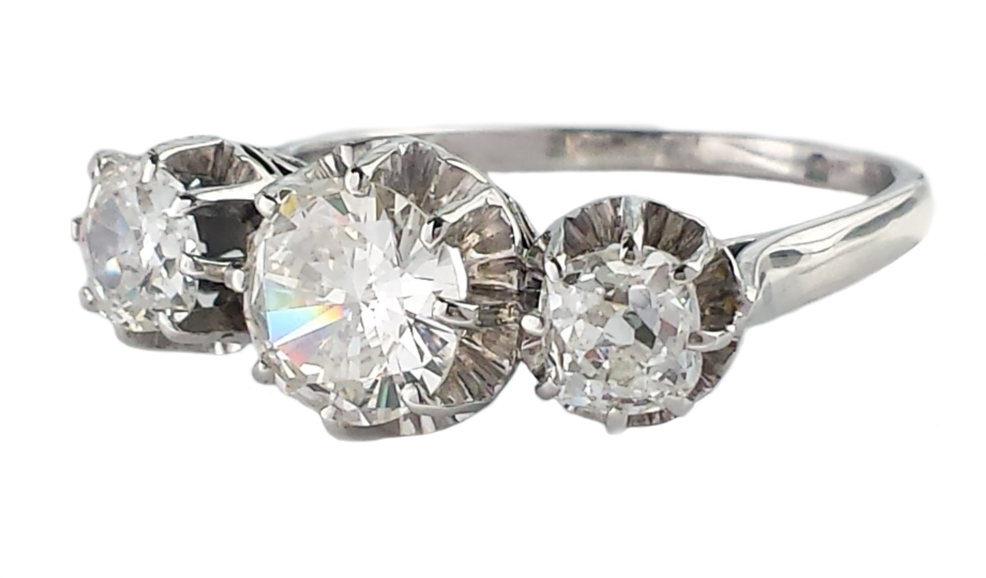 Vintage 1.78ct 3 Stone Old Mine Cut & Brilliant Cut Engagement Ring