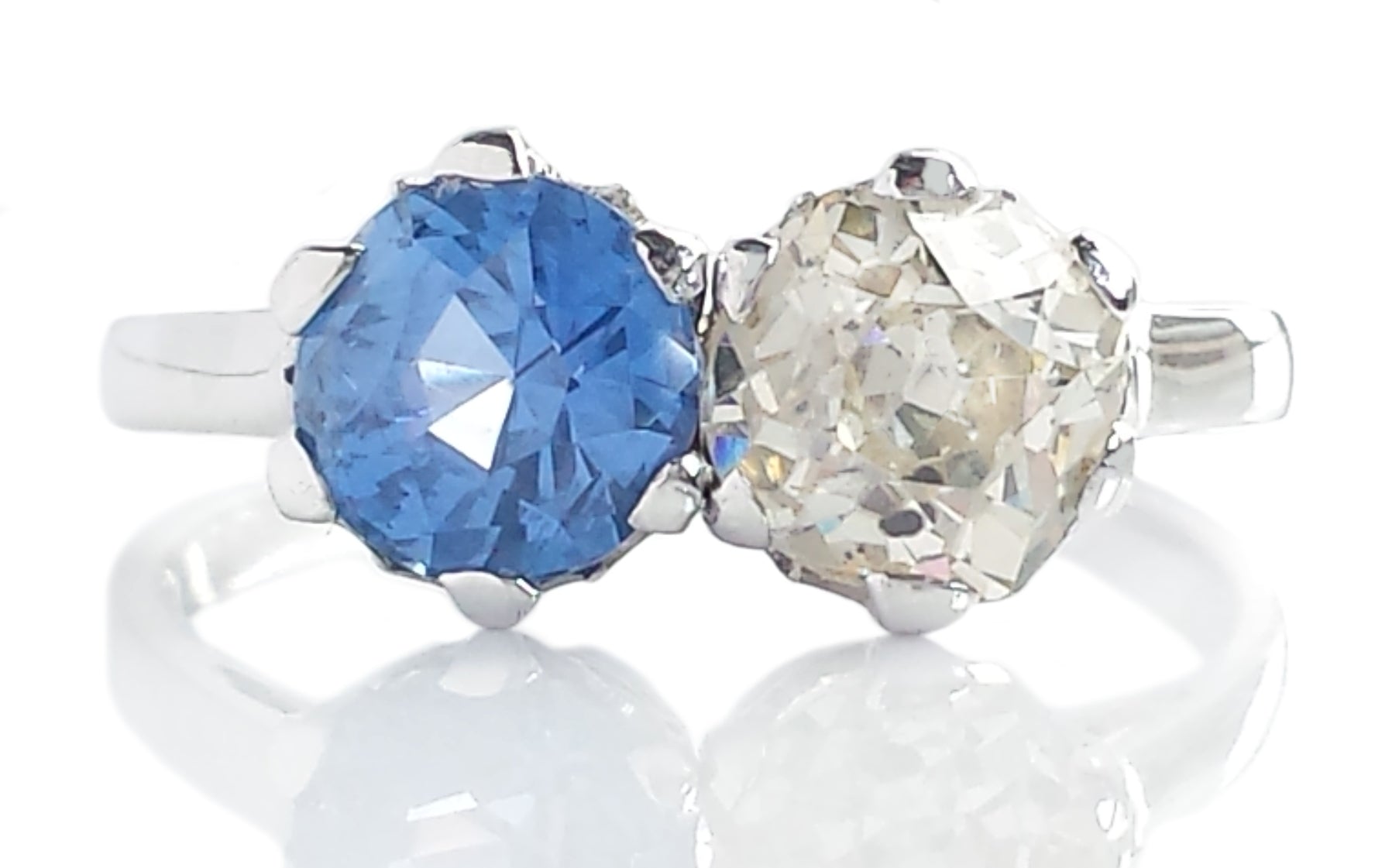 Edwardian Toi et Moi 3.17tcw Ceylon Sapphire & Old Mine Cut Diamond Ring
