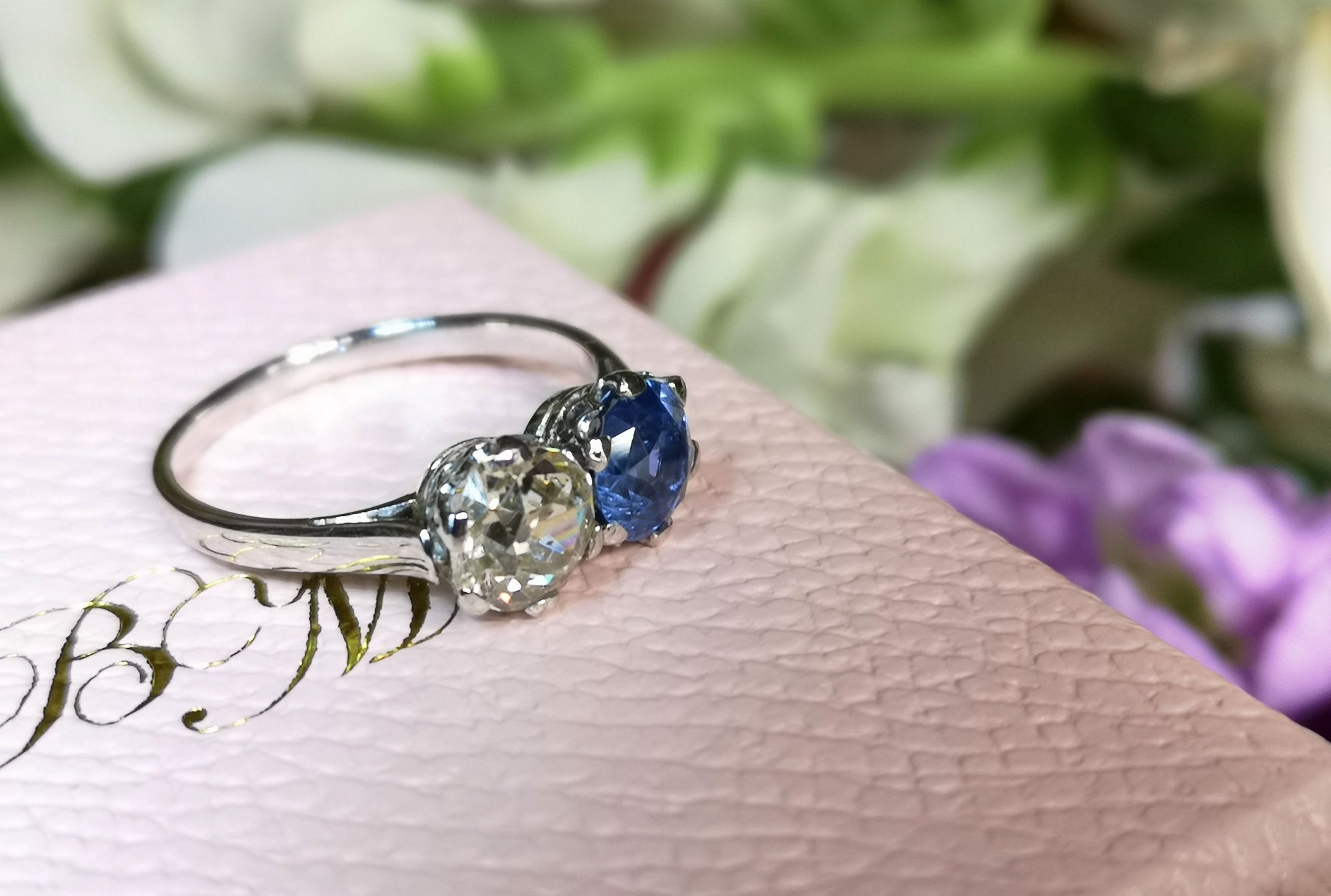 Edwardian Toi et Moi 3.17tcw Ceylon Sapphire & Old Mine Cut Diamond Ring