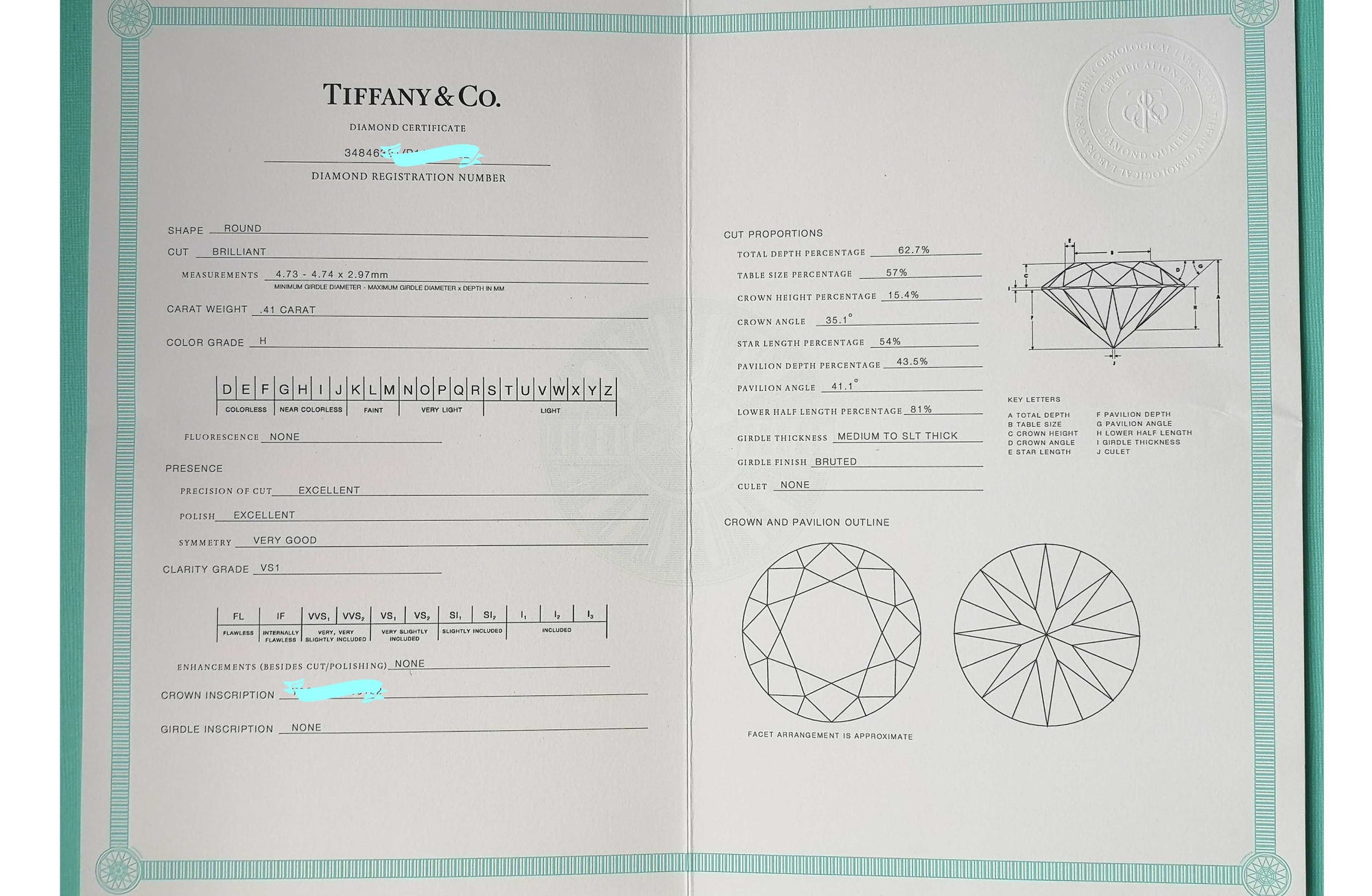 Tiffany & Co. 0.41ct H/VS1 Round Brilliant Cut Diamond Engagement Ring