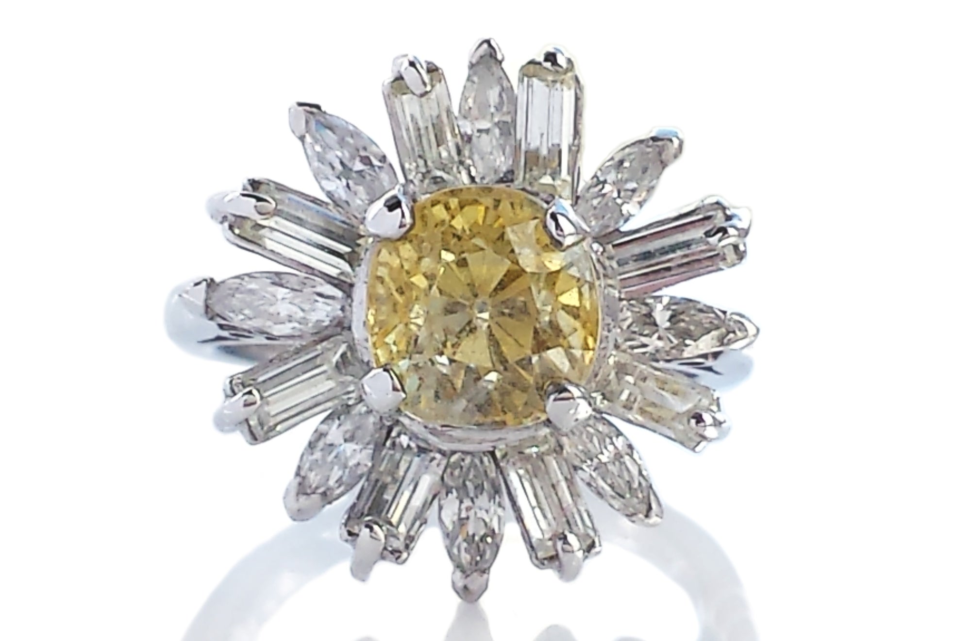 Vintage 1950 2.82ct Cushion Cut Yellow Ceylon Sapphire & 2.20tcw Diamond Cluster Ring