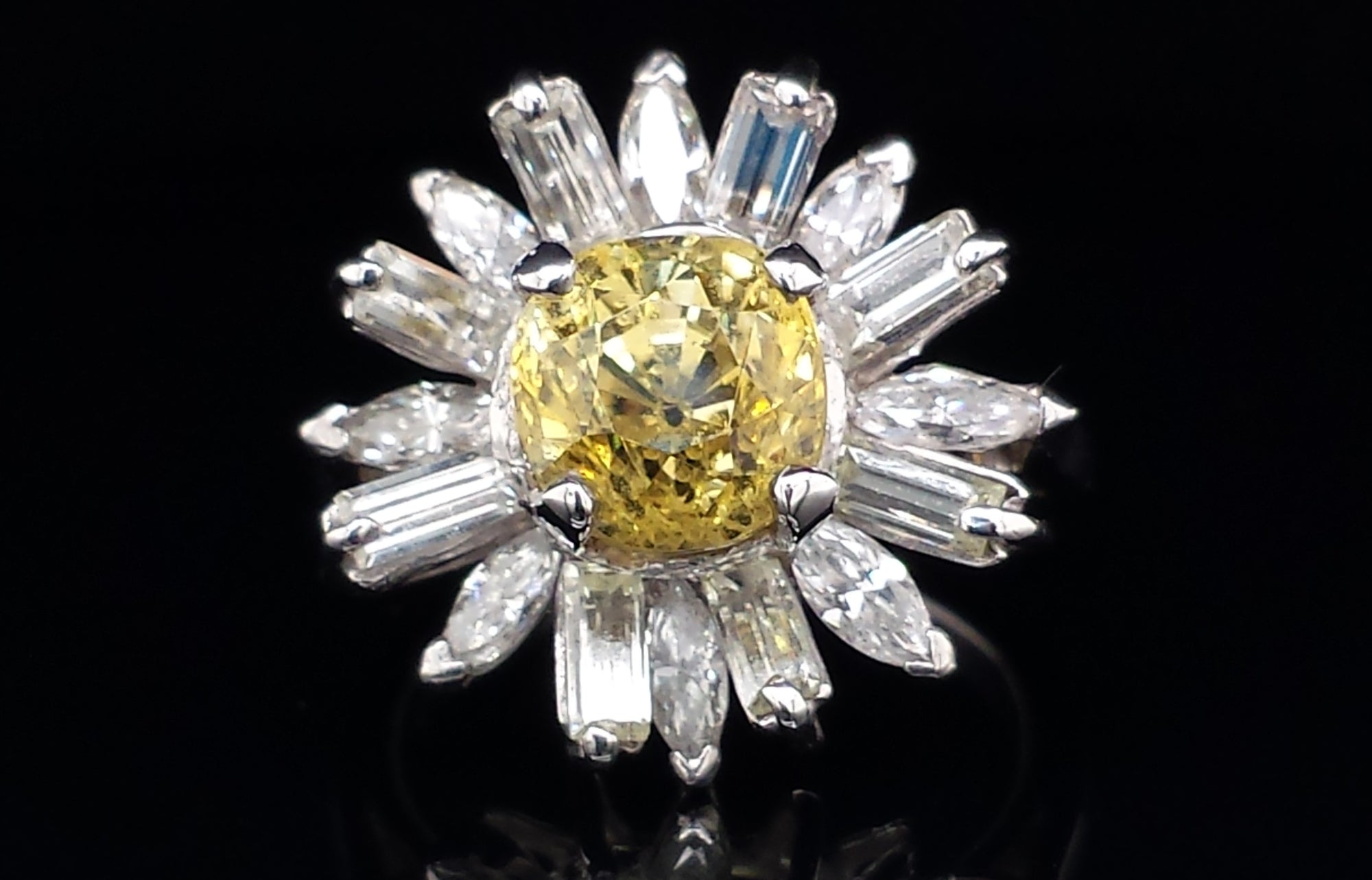 Vintage 1950 Cushion Cut Yellow Ceylon Sapphire & Diamond Cluster Ring