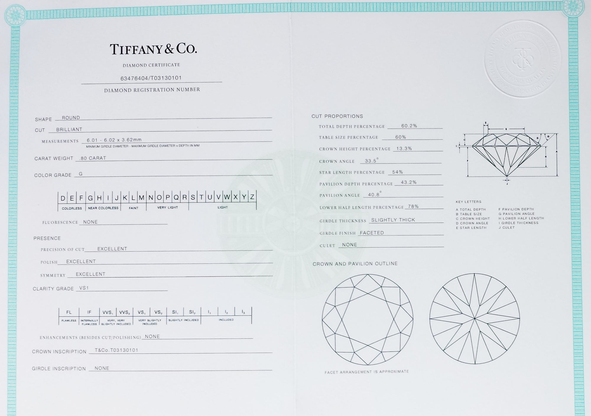 Tiffany & Co. 0.80ct G/VS1 Triple XXX Round Brilliant Diamond Engagement Ring