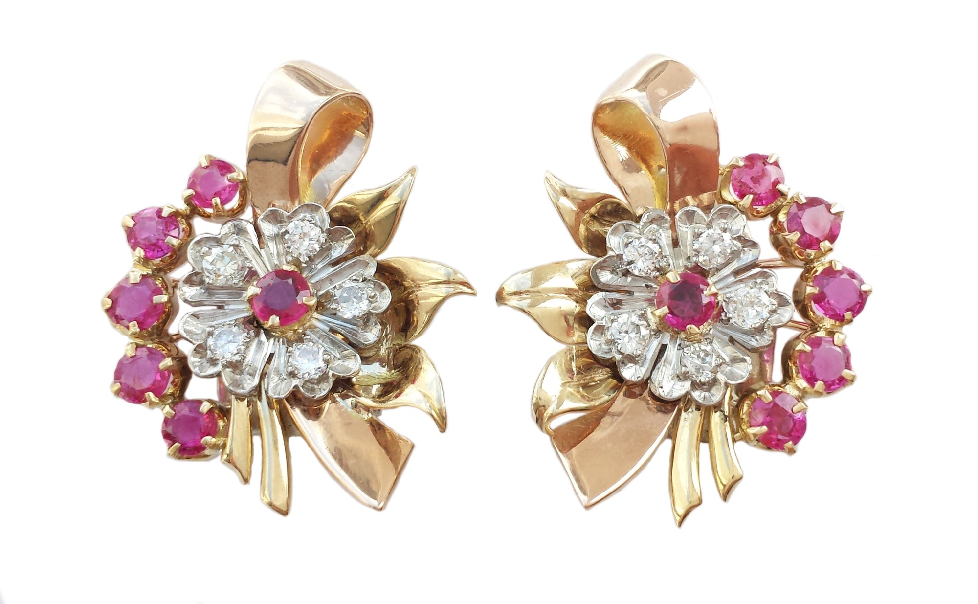 Retro Burmese Ruby Transitional Cut Diamond & 18k Rose Gold Earrings