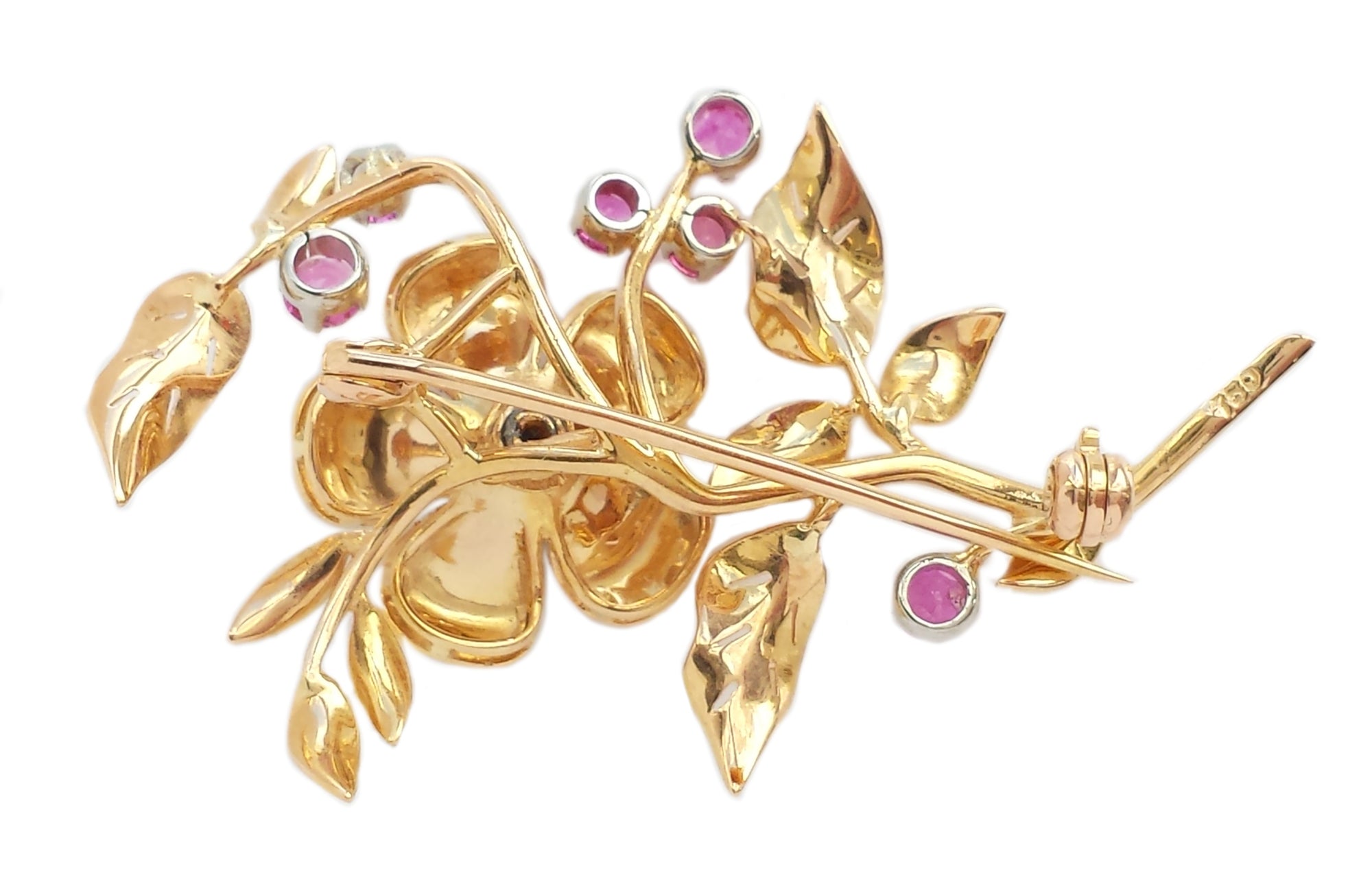 Retro Emerald Burmese Pink Sapphire & Diamond 18k Yellow Gold Flower Brooch