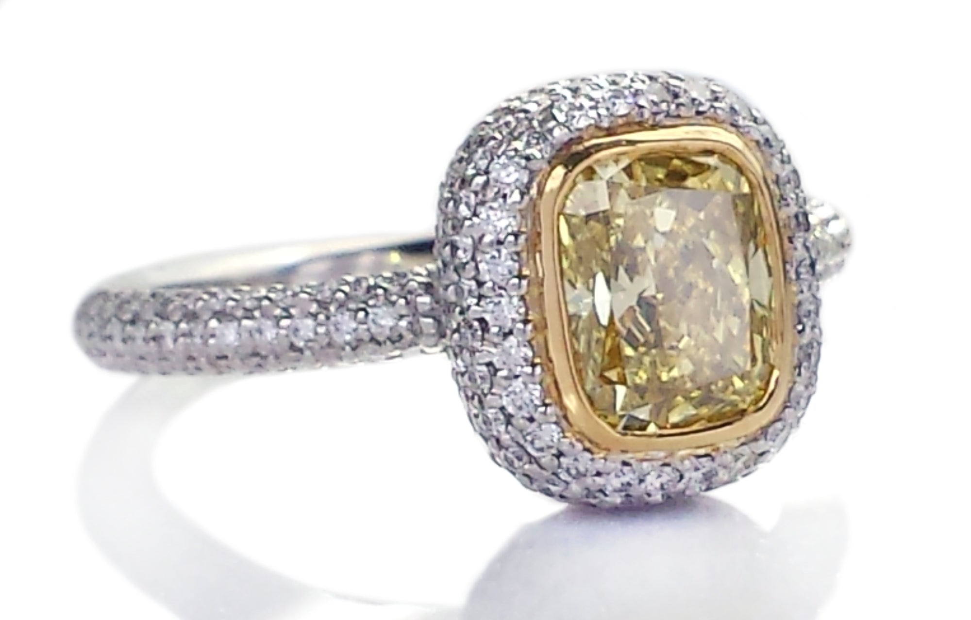 Tiffany & Co. 1.24ct FI/VS2 Fancy Intense Yellow Bezet Set Pave Cushion Cut Diamond Engagement Ring