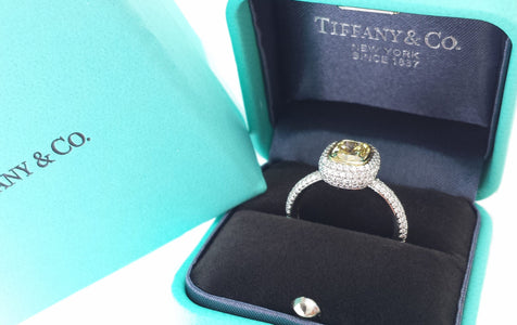 Tiffany & Co. 1.24ct FI/VS2 Fancy Intense Yellow Bezet Set Pave Cushion Cut Diamond Engagement Ring in Tiffany ring box