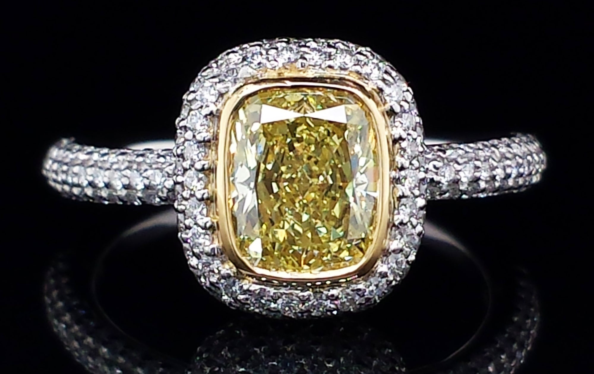 Tiffany & Co. 1.24ct FI/VS2 Fancy Intense Yellow Bezet Set Pave Cushion Cut Diamond Engagement Ring