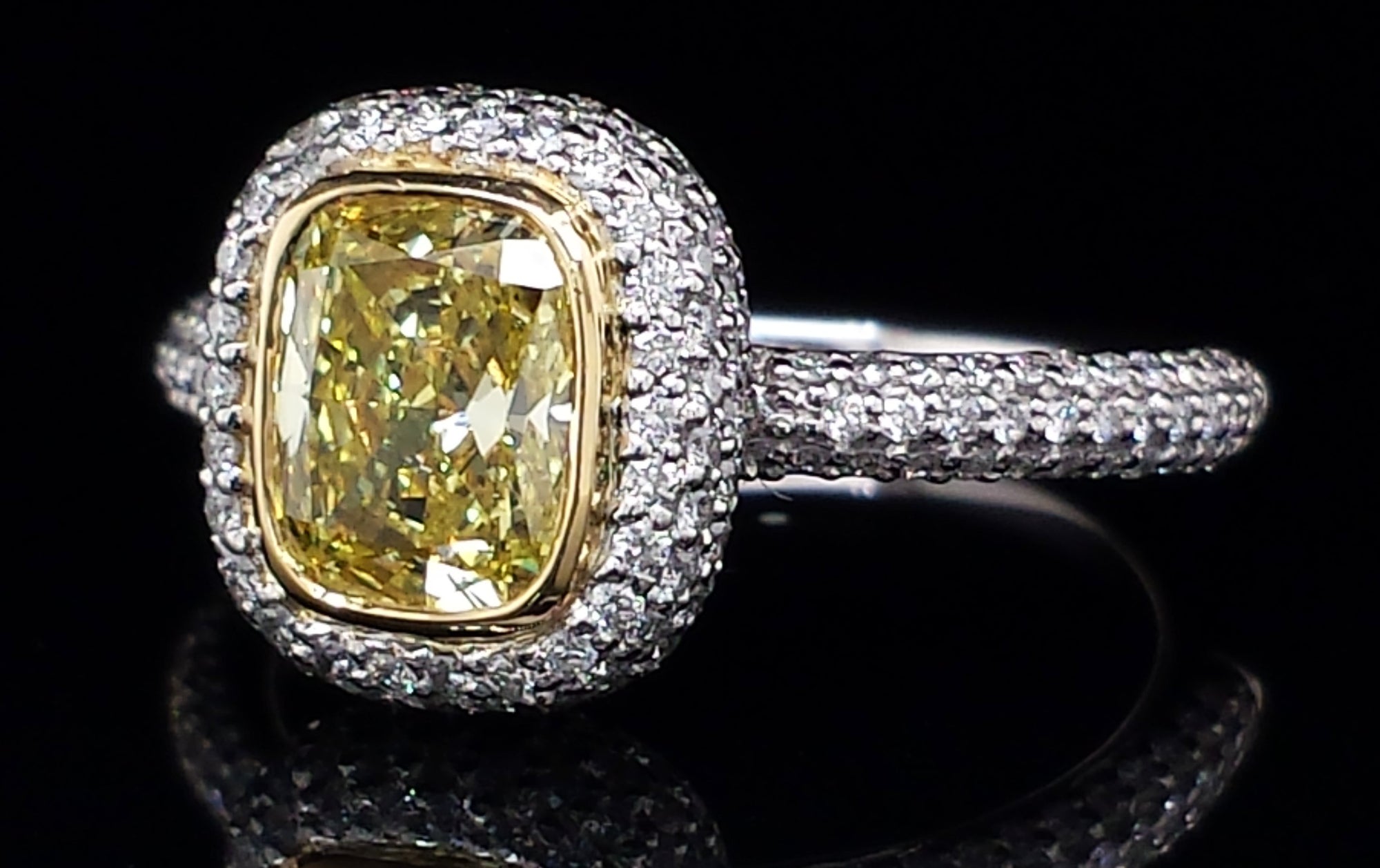 Tiffany & Co. 1.24ct FI/VS2 Fancy Intense Yellow Bezet Set Pave Cushion Cut Diamond Engagement Ring