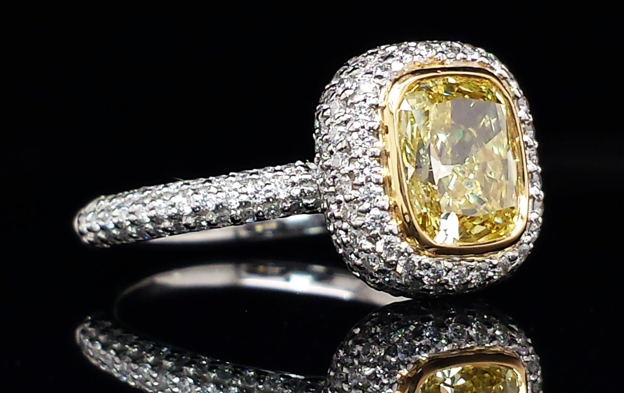 Tiffany & Co. 1.24ct FI/VS2 Fancy Intense Yellow Bezet Set Pave Cushion Cut Diamond Engagement Ring