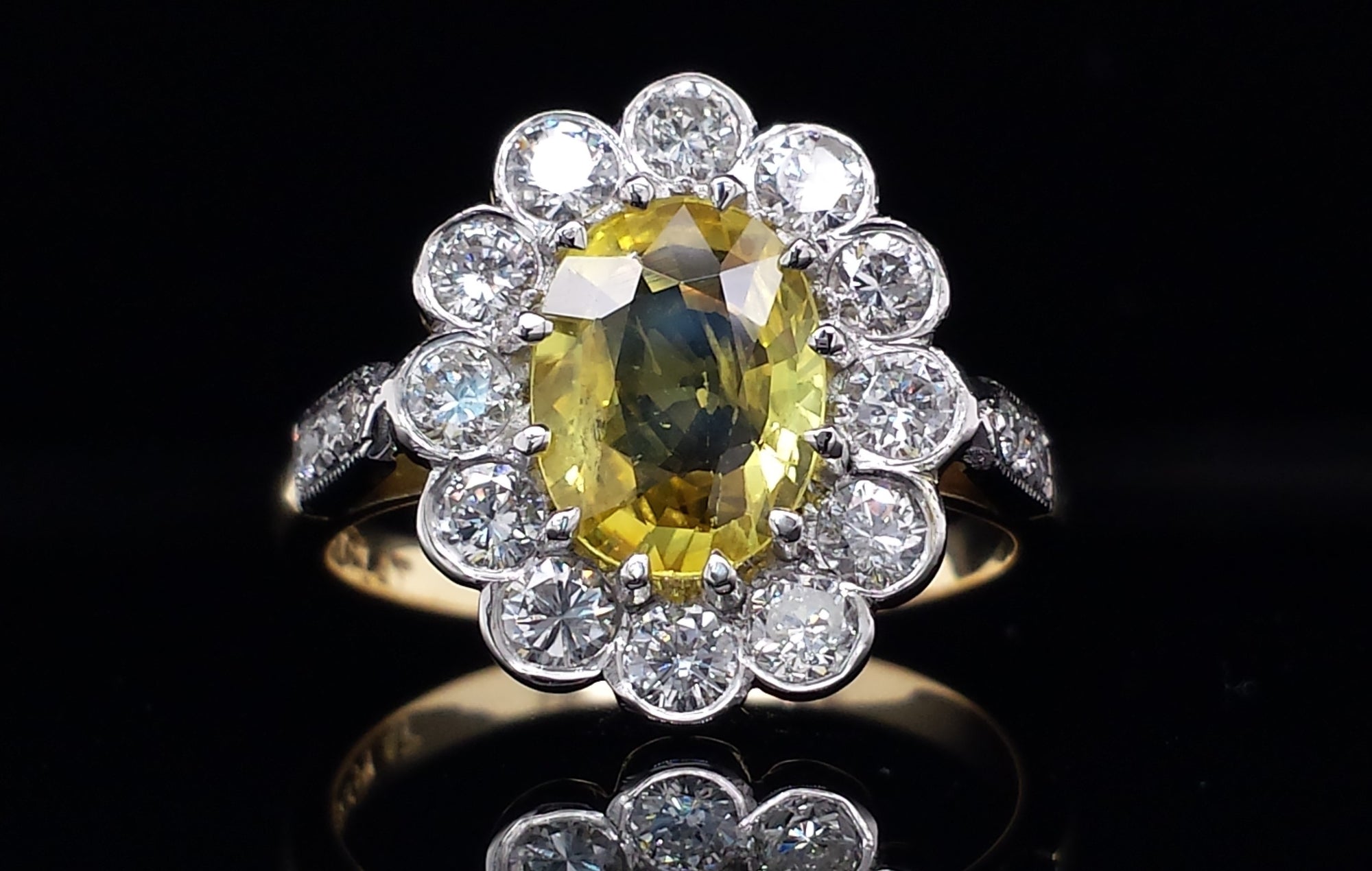 Mid-century Yellow Sapphire & Diamond Cluster Engagement Ring