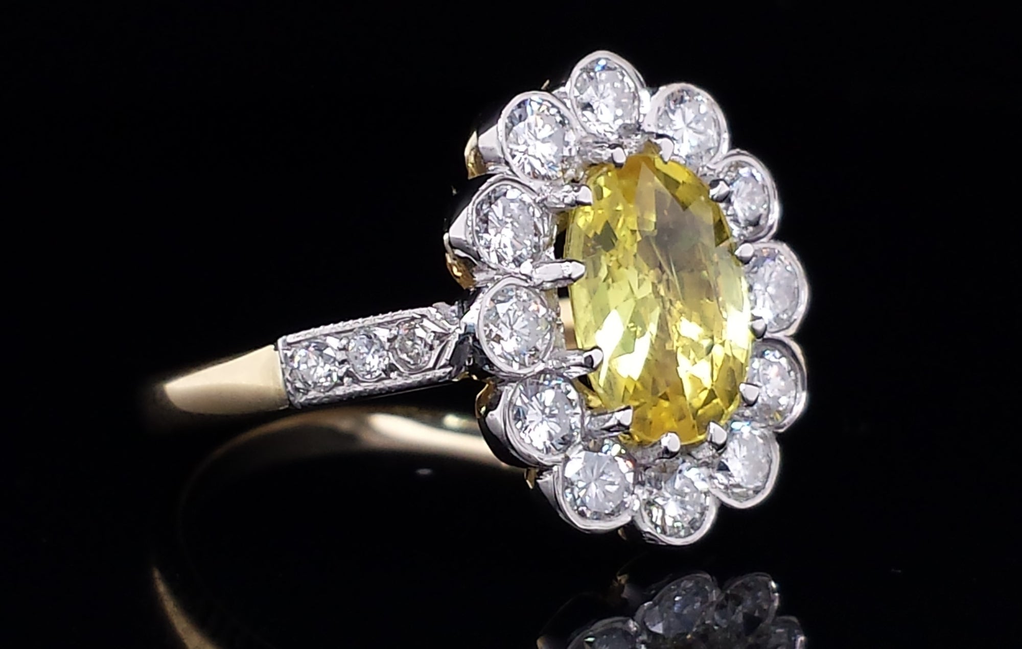 Mid-century Yellow Sapphire & Diamond Cluster Engagement Ring