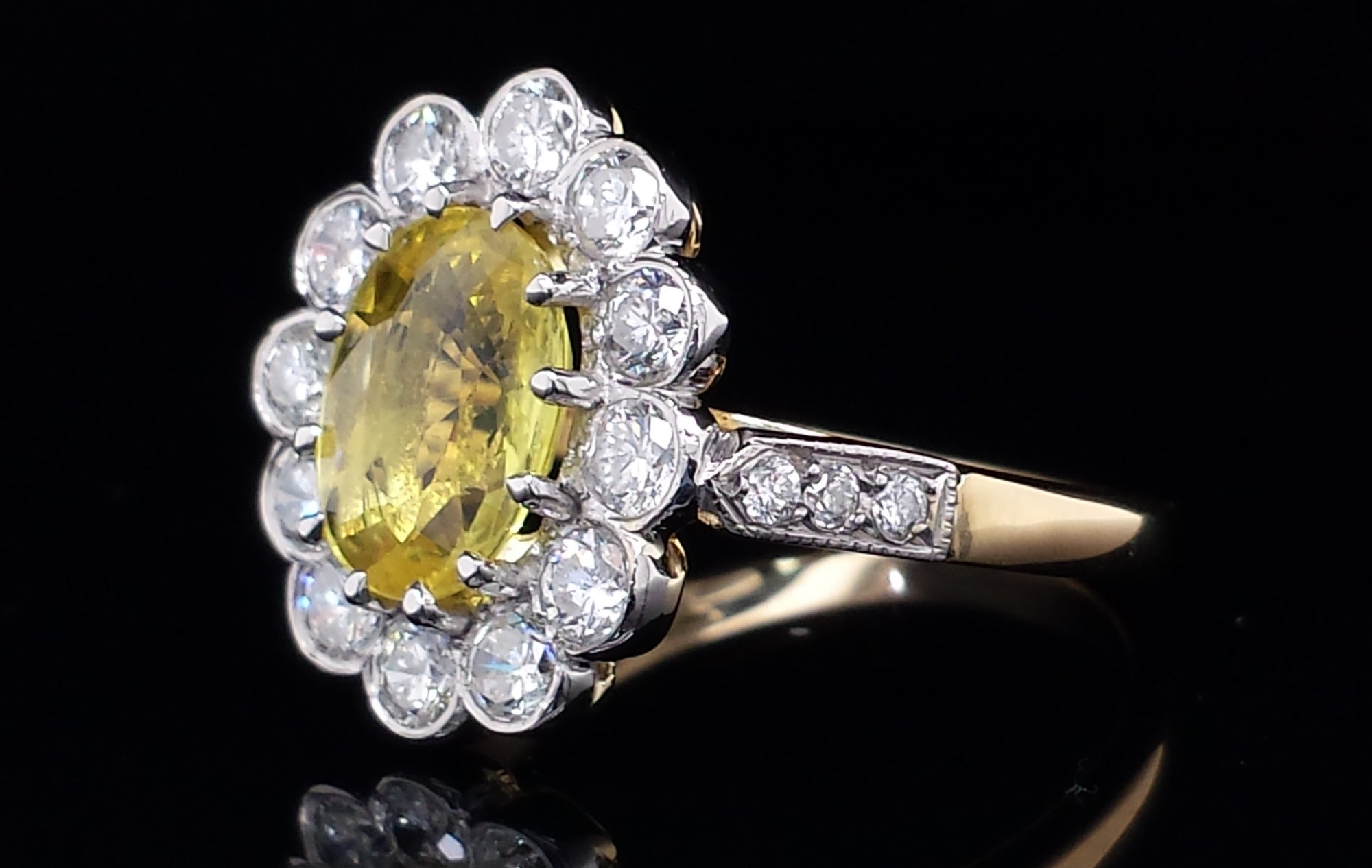 Mid-century Yellow Sapphire & Diamond Cluster Engagement Ring