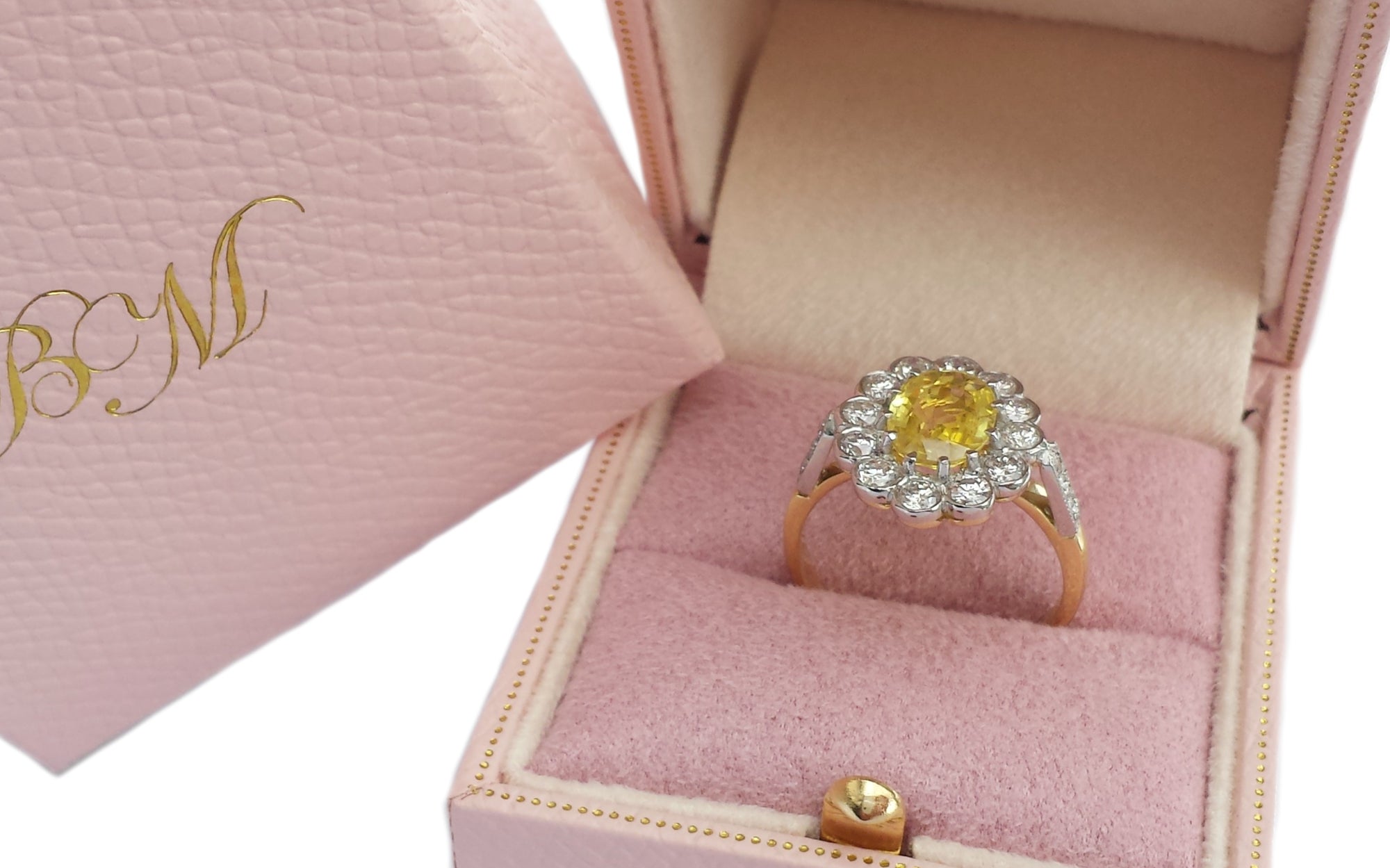 Mid-century Yellow Sapphire & Diamond Cluster Engagement Ring