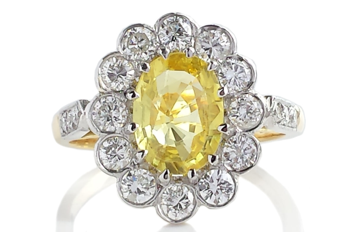 Vintage 1950 Yellow Sapphire Brilliant Cut Diamond Cluster Engagement Ring